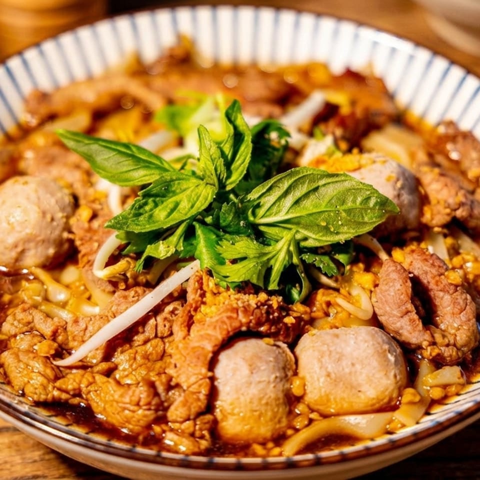 Vietnamese noodle bowl topped with pork, meatballs, bean sprouts, crushed peanuts, and fresh basil on a wooden table.