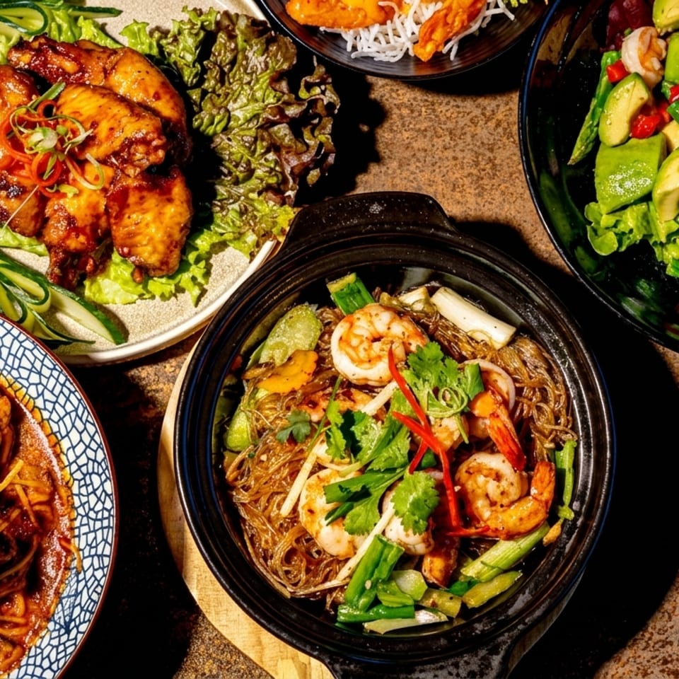 Overhead spread of Asian dishes including glazed chicken, shrimp noodles, spicy soup, vegetable salad, and rice on a rustic table.