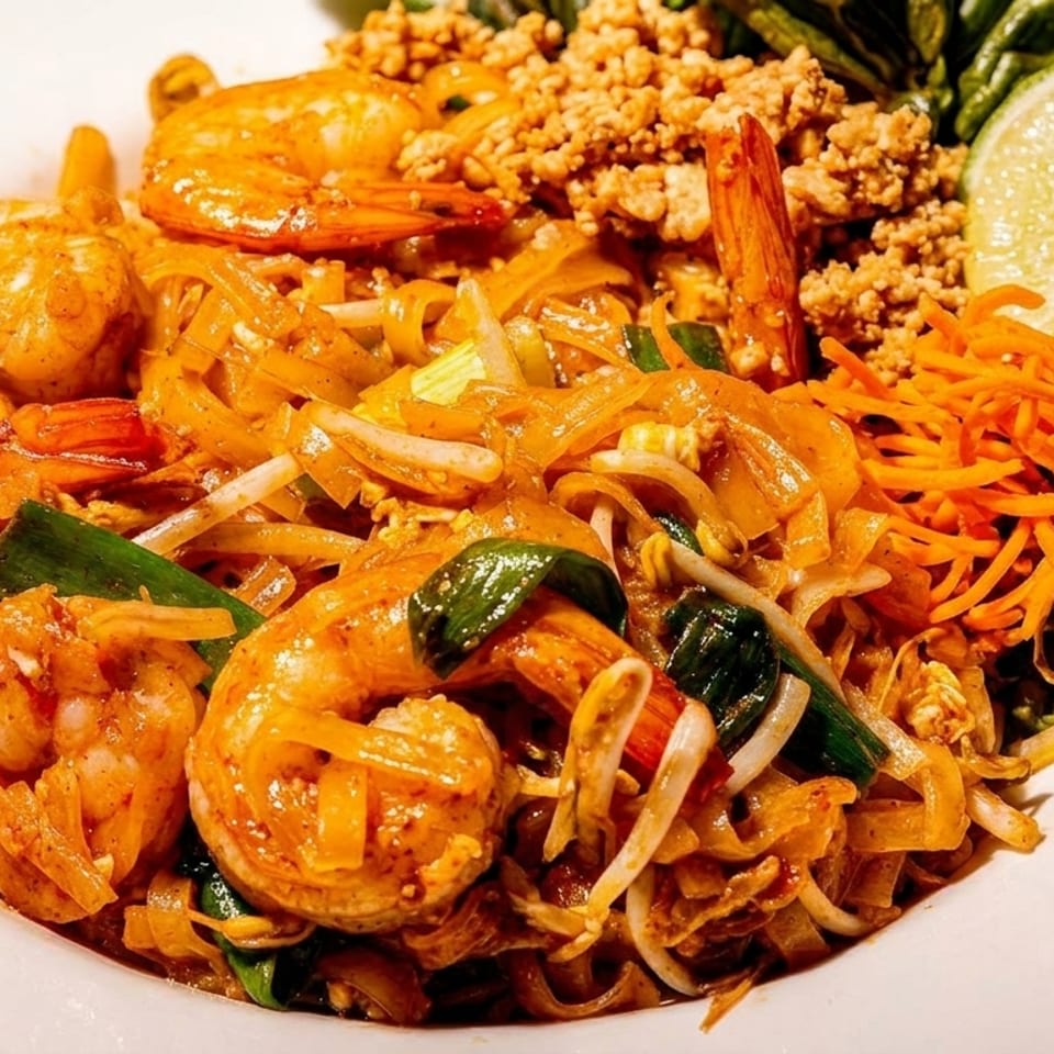 Plate of shrimp pad Thai with bean sprouts, carrots, crushed peanuts, greens, and lime wedge.