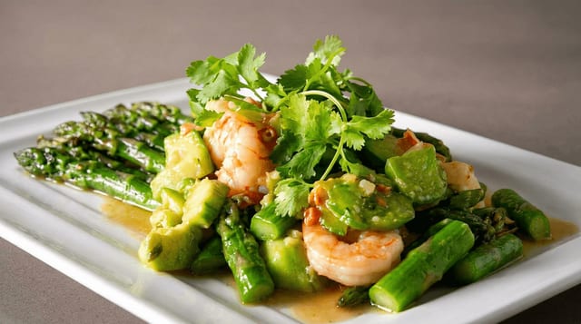Shrimps with Asparagus & Avocado Salad.